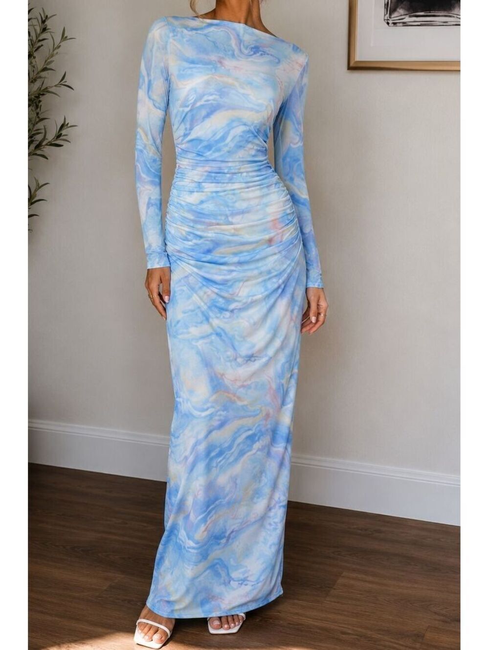 AFRM Marni Powder Blue Swirl Mesh Maxi Dress Long Sleeve Ruched Bodycon *Flawed*